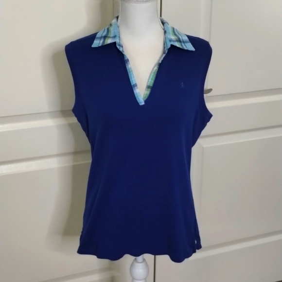 IZOD royal blue with plaid color sleeveless size large top v-neckline logo - Picture 1 of 10